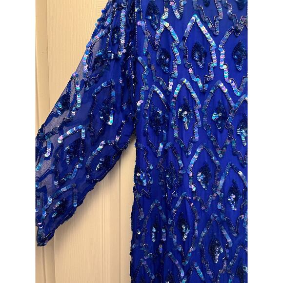 O.R. Silk Dress‎ Women's Small Blue Beaded Sequin Evening Cocktail Dress Vintage - Picture 5 of 15